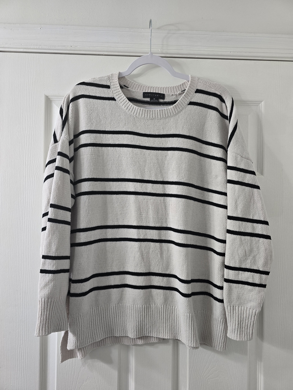 Sanctuary Cream Crewneck Sweater with Black Stripes - Medium